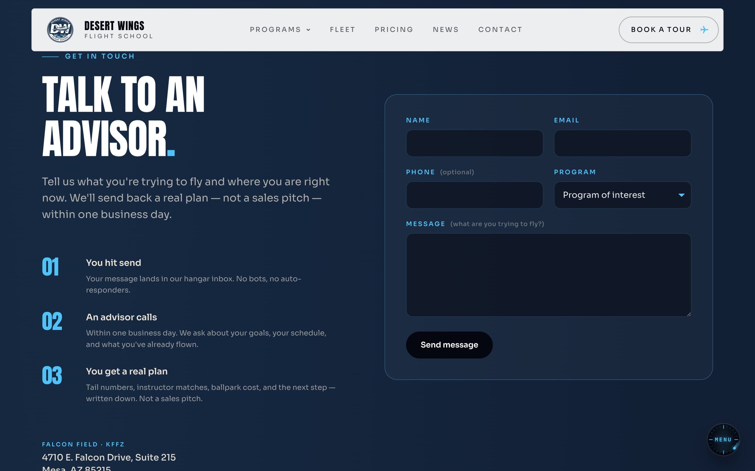 The booking form on the Desert Wings site